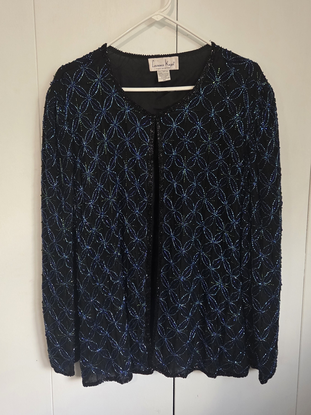 Vtg Laurence Kazar Black Silk Beaded Evening Jacket Blue Geometric Plus Size 2X
